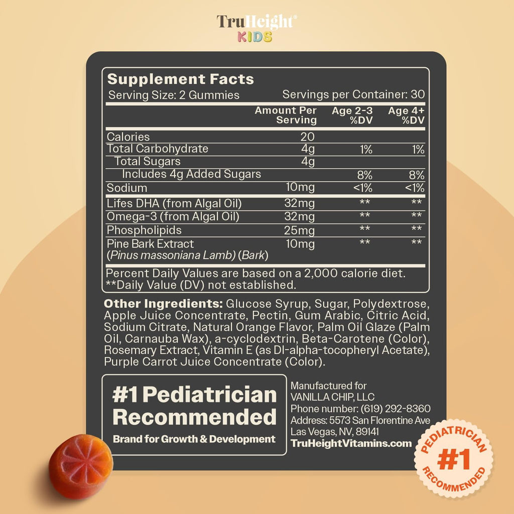TruHeight Kids Brain Growth Gummies - Gominolas de Omega 3 para Niños (Naranja, 2+ Años)