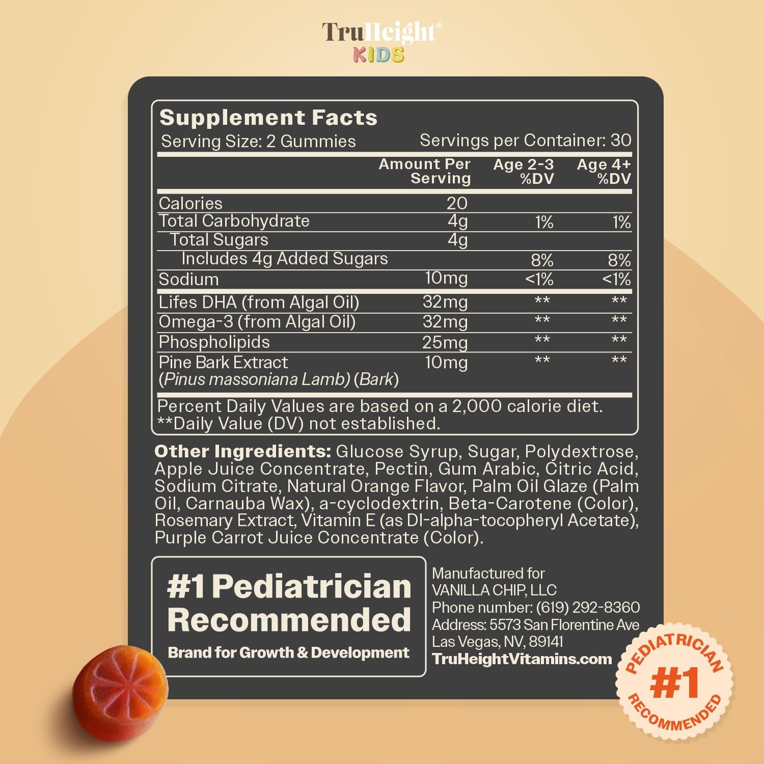 TruHeight Kids Brain Growth Gummies - Gominolas de Omega 3 para Niños (Naranja, 2+ Años)