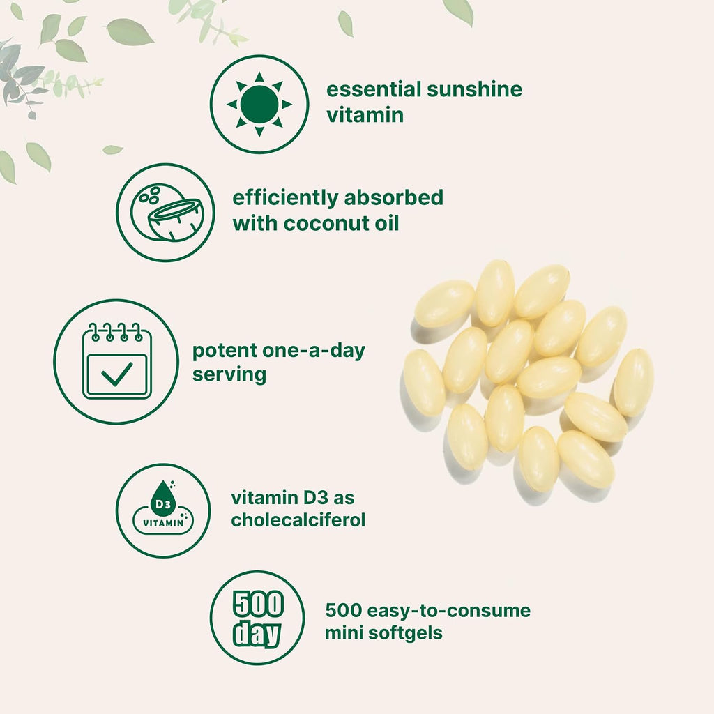 Micro Ingredients Vitamina D3 2000 UI, 500 Softgels con Aceite de Coco Virgen | Colecalciferol | No-GMO