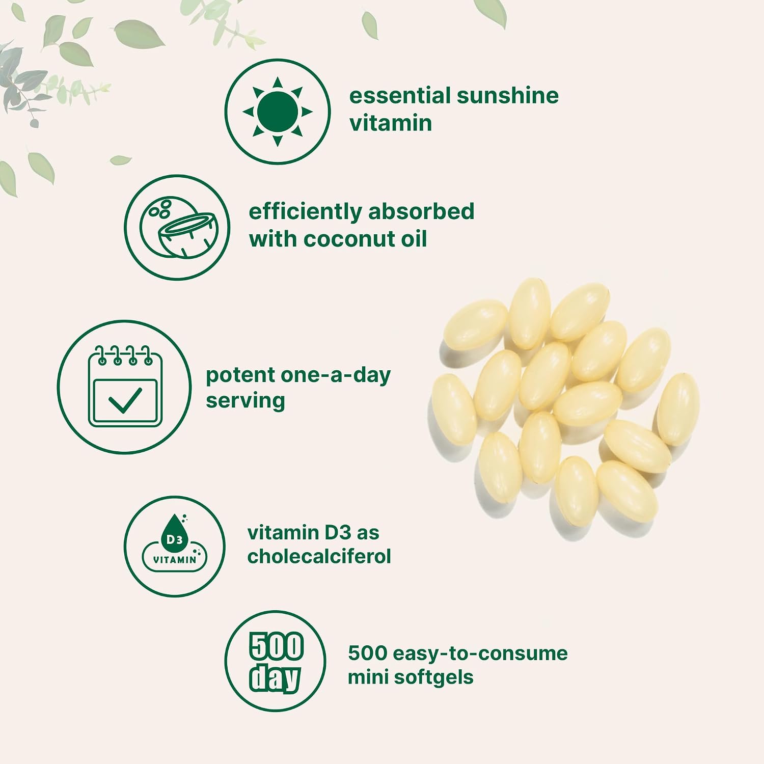 Micro Ingredients Vitamina D3 2000 UI, 500 Softgels con Aceite de Coco Virgen | Colecalciferol | No-GMO