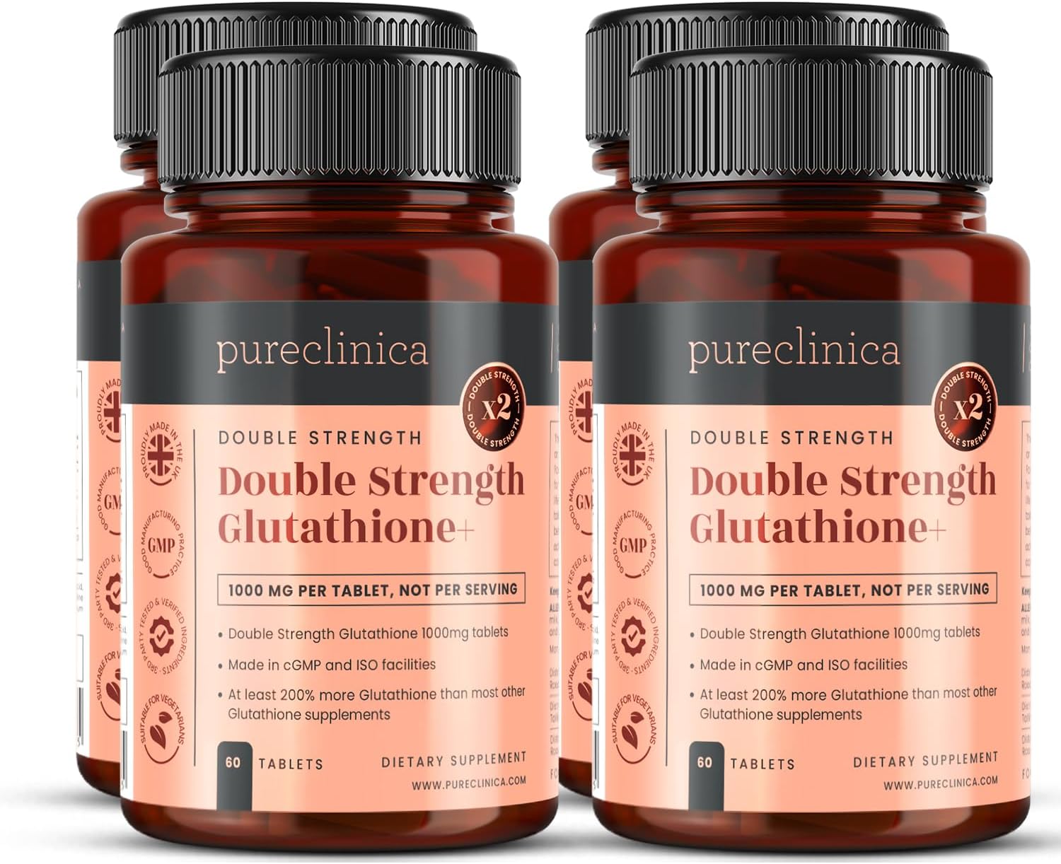 pureclinica Glutathione 1000 mg – 120 Tablets (2 x 60) with Vitamin C and Alpha Lipoic Acid