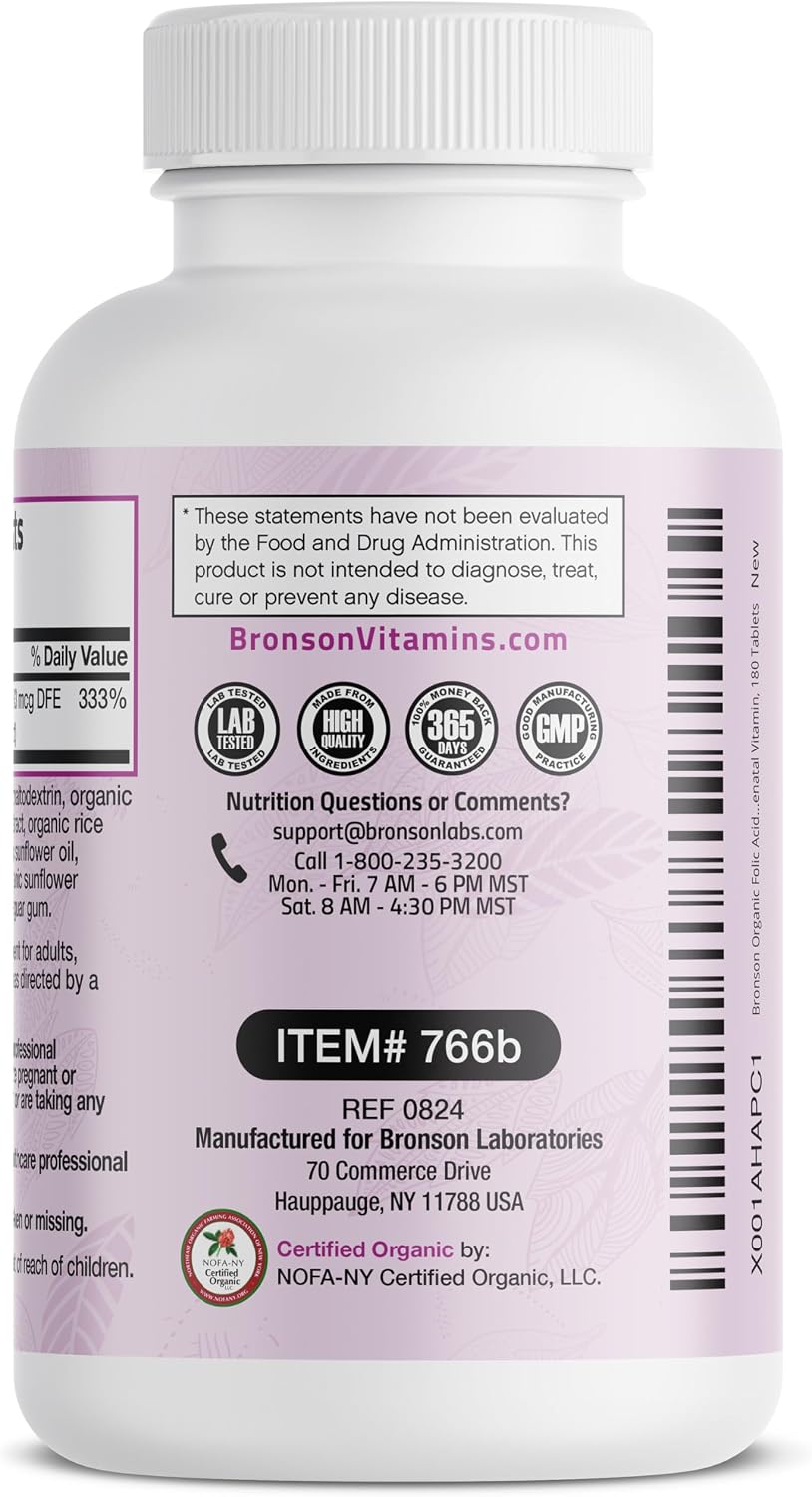 Bronson Ácido Fólico Orgánico (Vitamina B9 Folato) 800 mcg, 180 Comprimidos