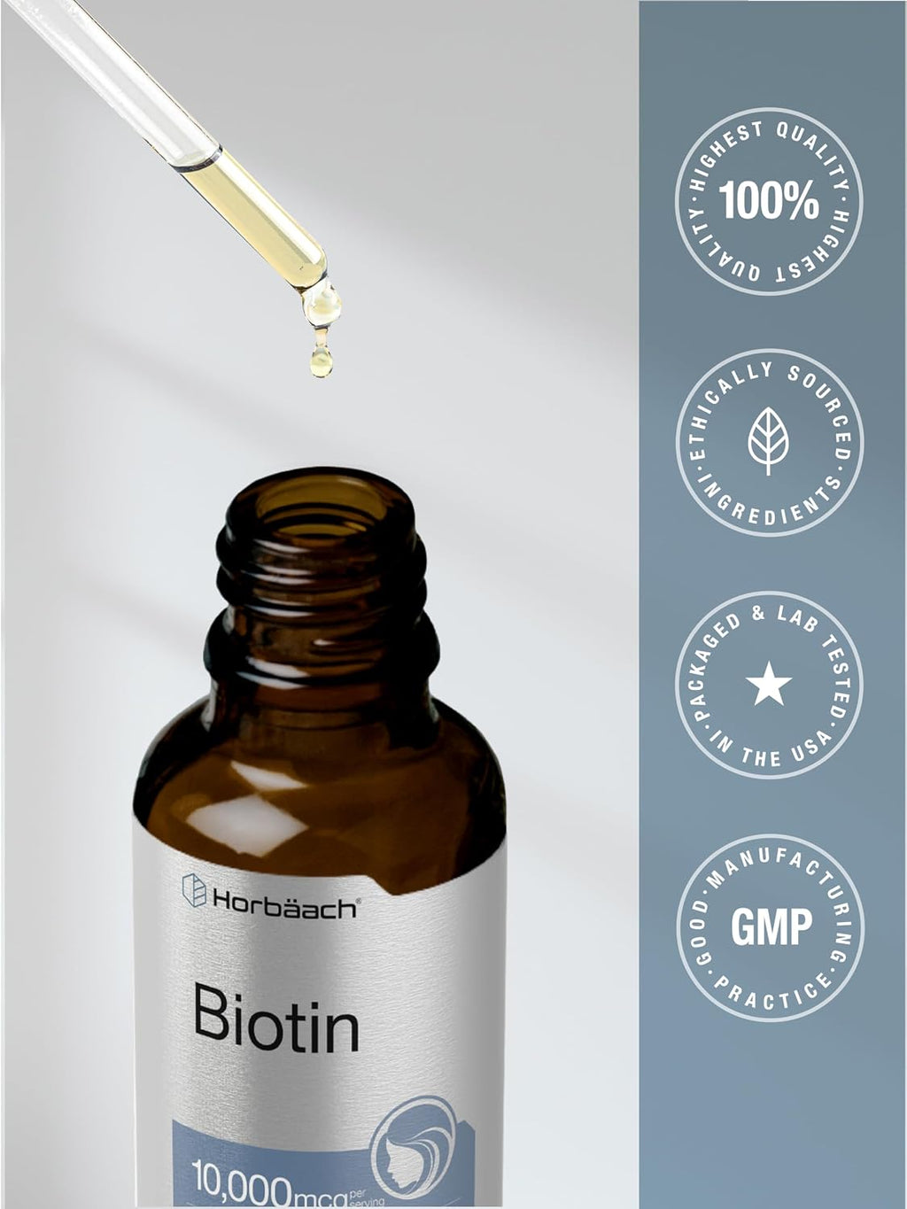 Horbäach Biotin Liquid Drops 10000mcg | 118 ml | Sabor Berry | Vegetariano, No-GMO y Sin Gluten