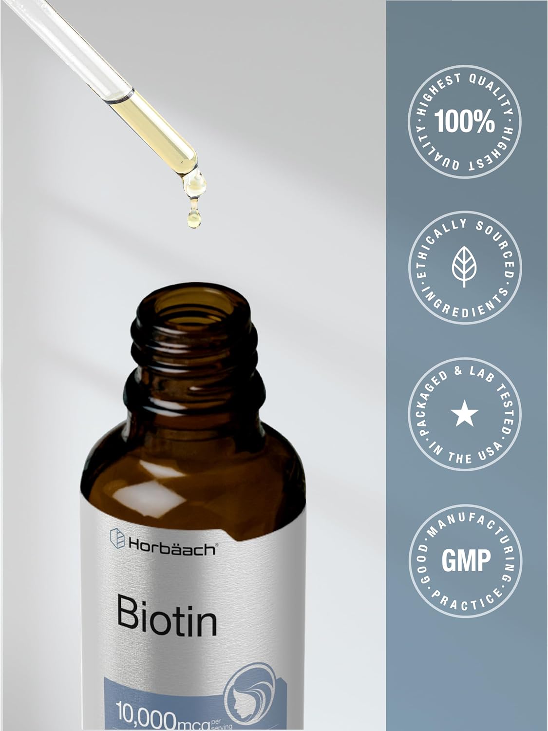 Horbäach Biotin Liquid Drops 10000mcg | 118 ml | Sabor Berry | Vegetariano, No-GMO y Sin Gluten
