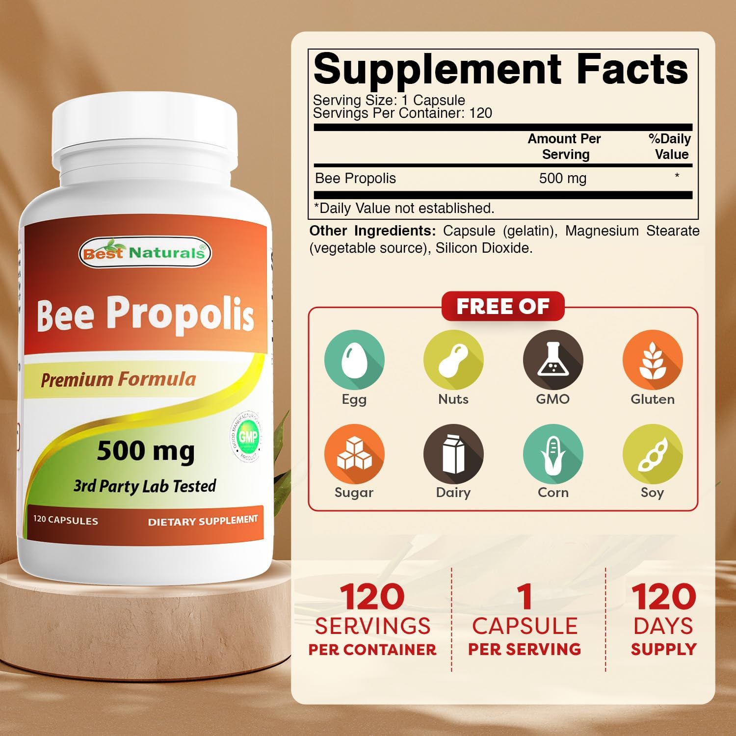 Best Naturals Propóleo de Abeja 500 mg, 120 Cápsulas