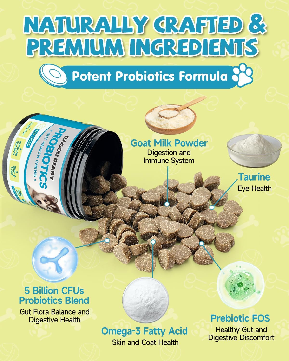Probióticos para Perros con Prebióticos, Leche de Cabra, Omega 3 y Vitaminas - 120 Masticables