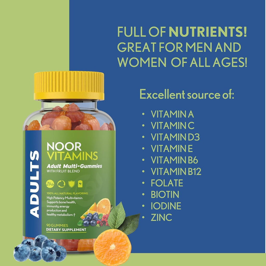 Noor Vitamins Gomitas Multivitamínicas Halal para Adultos con Mezcla de Frutas Orgánicas - 90 Unidades