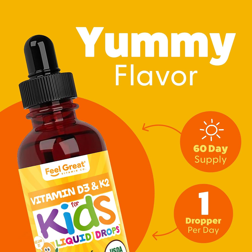 Feel Great USDA Organic Liquid Vitamin D Drops for Infants & Toddlers (2 oz) w/ K2 for Absorption