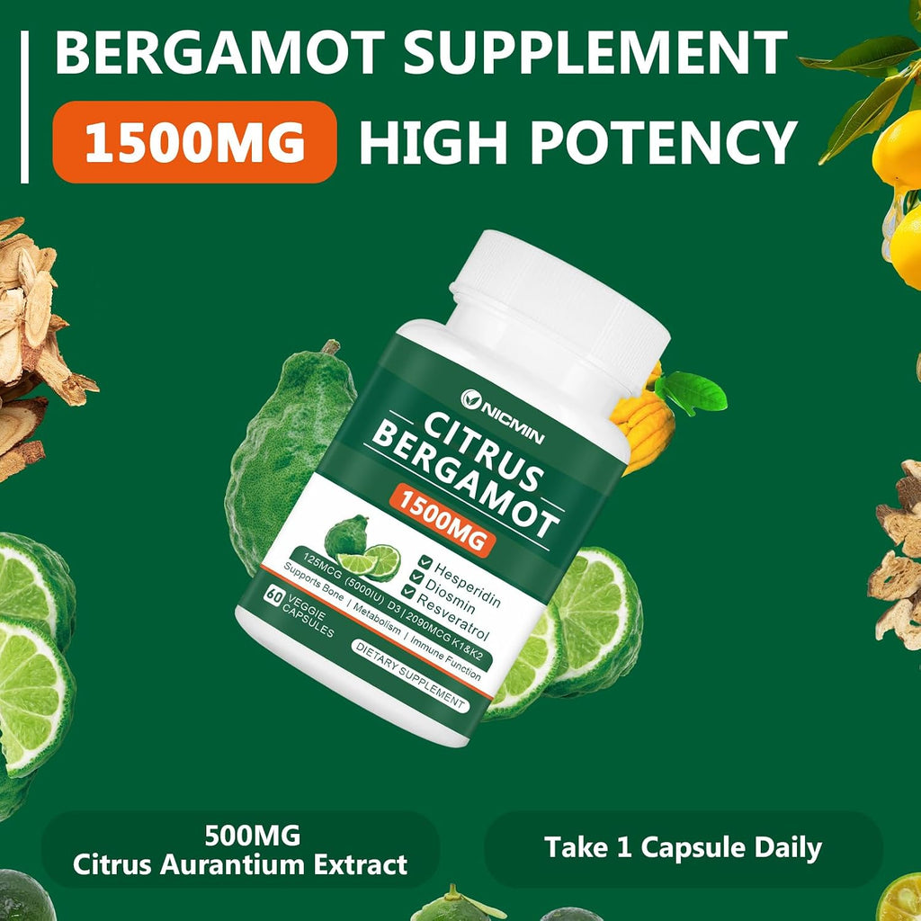Citrus Bergamot 1500mg con Hesperidina, Diosmina, Resveratrol, Vitamina D3, K1 y K2 - 120 Cápsulas Veganas