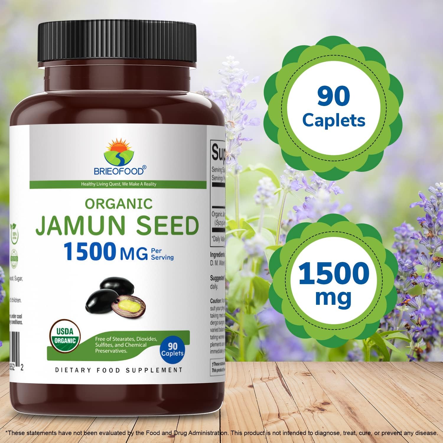 Brieofood Semilla de Jamun Orgánica 1500mg, 45 Raciones, Vegetariano, Sin Gluten, 90 Comprimidos Vegetarianos