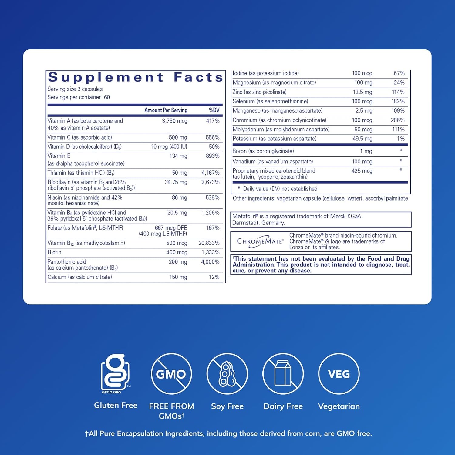 Pure Encapsulations Nutrient 950 A Sin Cobre y Hierro - Multivitamínico Hipoalergénico, 180 Cápsulas
