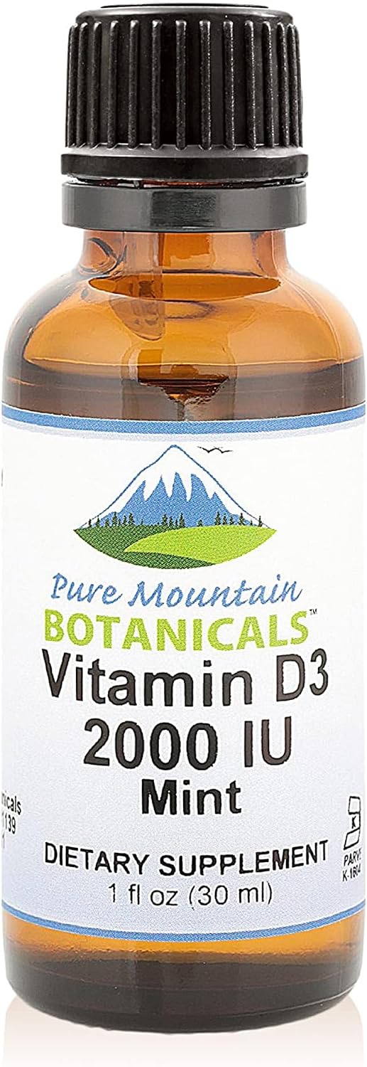 Pure Mountain Botanicals Gotas de Vitamina D3 Líquida – 2000 IU – Sabor a Menta Natural – Aceite MCT – 30 ml