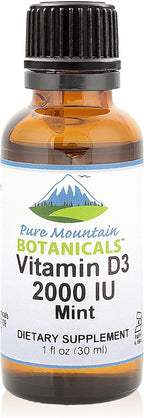 Pure Mountain Botanicals Gotas de Vitamina D3 Líquida – 2000 IU – Sabor a Menta Natural – Aceite MCT – 30 ml
