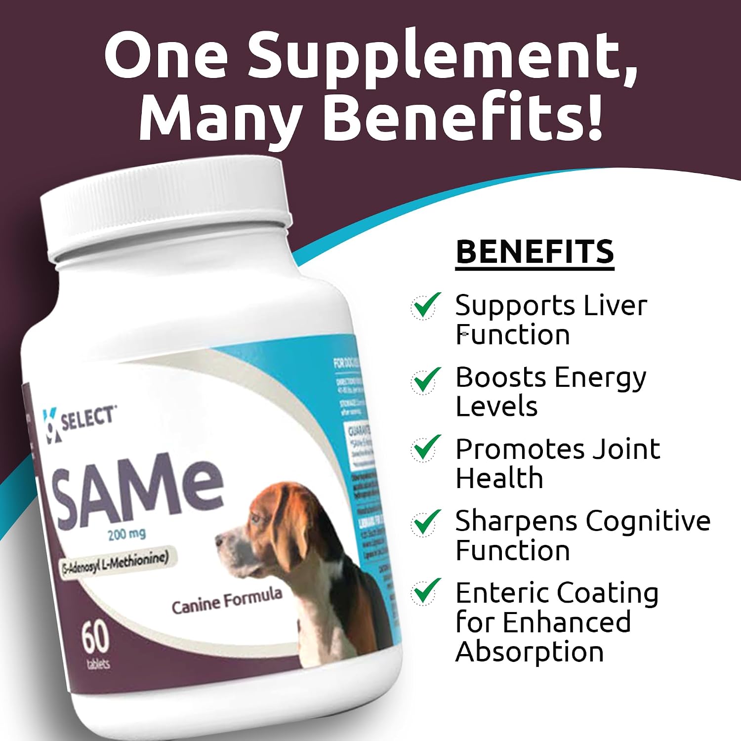 SAM-e para perros adultos medianos y grandes, 60 comprimidos, 200 mg de S-Adenosil-L-Metionina Activa