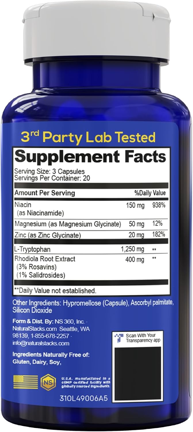 Serotonin Brain Food - 1250mg L-Tryptophan & 400mg Rhodiola Rosea - Apoyo al Estado de Ánimo - 60 Cápsulas