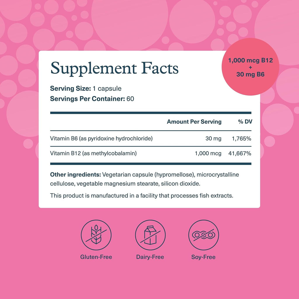 Youtheory B12B6 - Vitamina B12 y B6 - Apoya el Estado de Ánimo, Sistema Nervioso y Metabolismo - Sin Lácteos, Soja ni Gluten - 60 Cápsulas