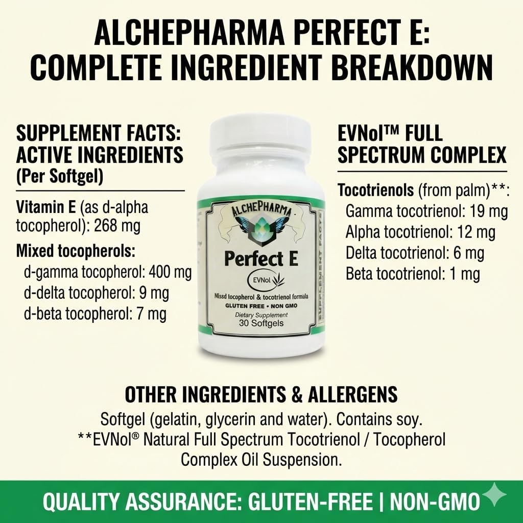 Perfect E - Patented EVNol® Brand tocotrienols Full Spectrum tocotrienol Complex w/Highest Ratio of Alpha, beta, Gamma, and Delta-tocotrienols (268mg - 400 IU) (30)
