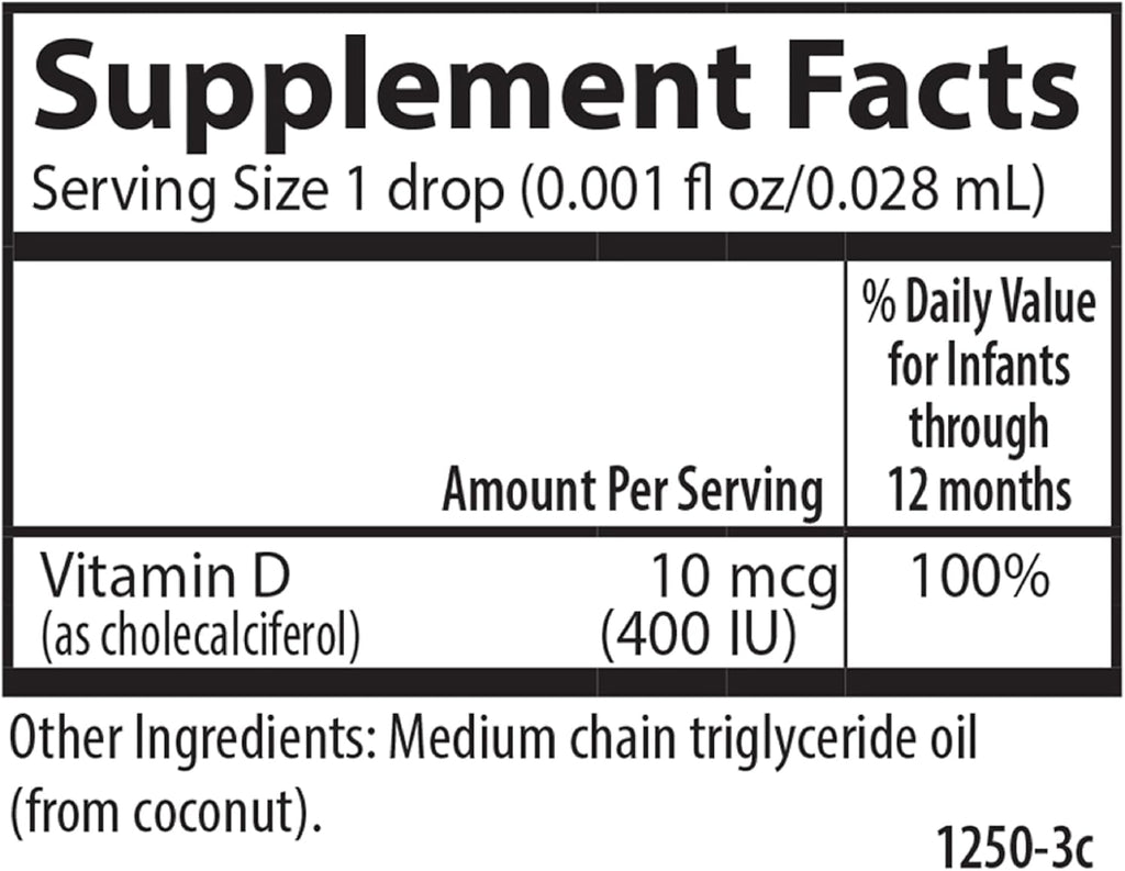 Carlson Baby's Super Daily D3, Vitamin D Drops for Babies, 400 IU (10 mcg) Per Drop, 1-Year Supply, Vegetarian, Liquid Vitamin D for Infants and Toddlers, Unflavored, 365 Drops
