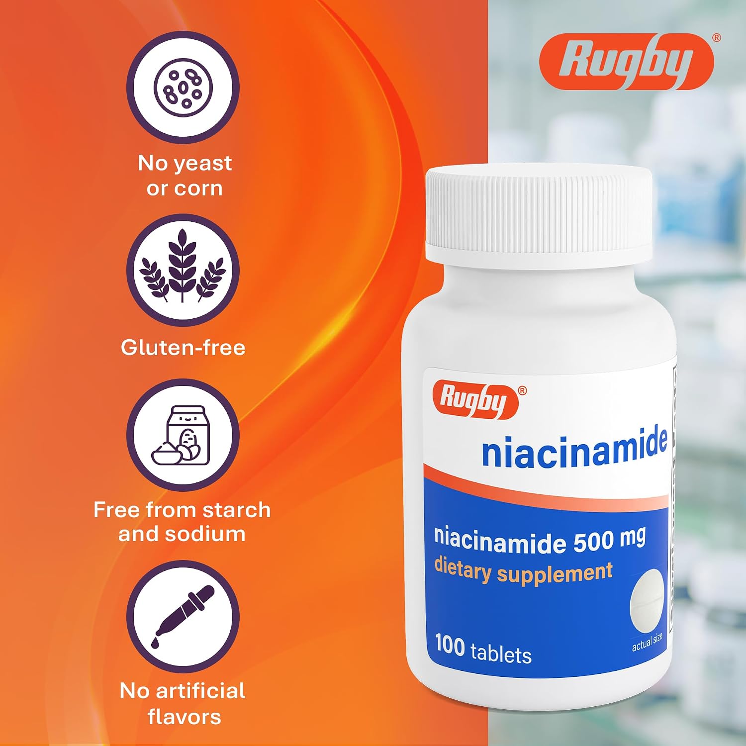 Rugby Niacinamida 500 mg - 100 Tabletas (Paquete de 3)