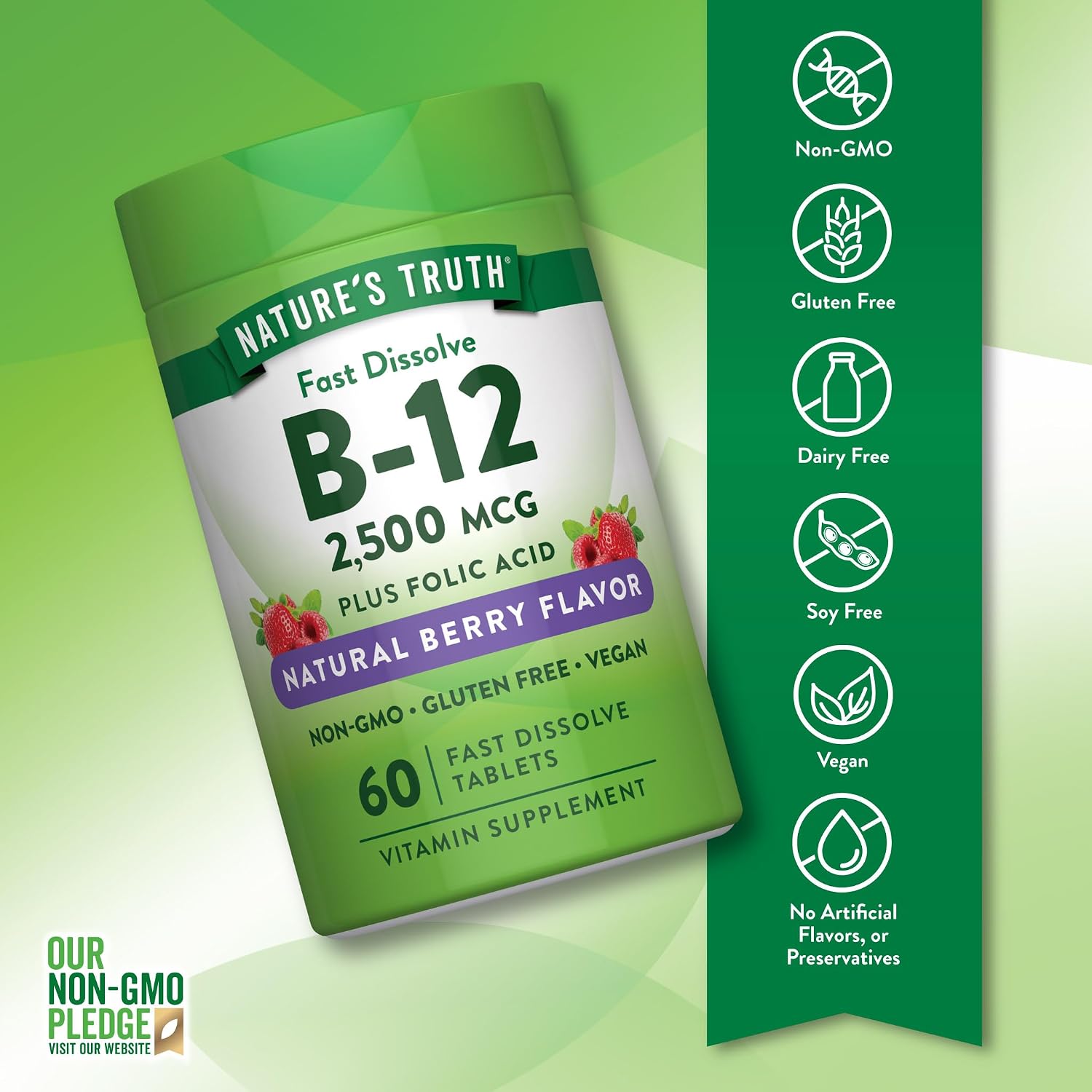 Nature's Truth Vitamina B12 2500 mcg con Ácido Fólico - 60 Comprimidos de Disolución Rápida