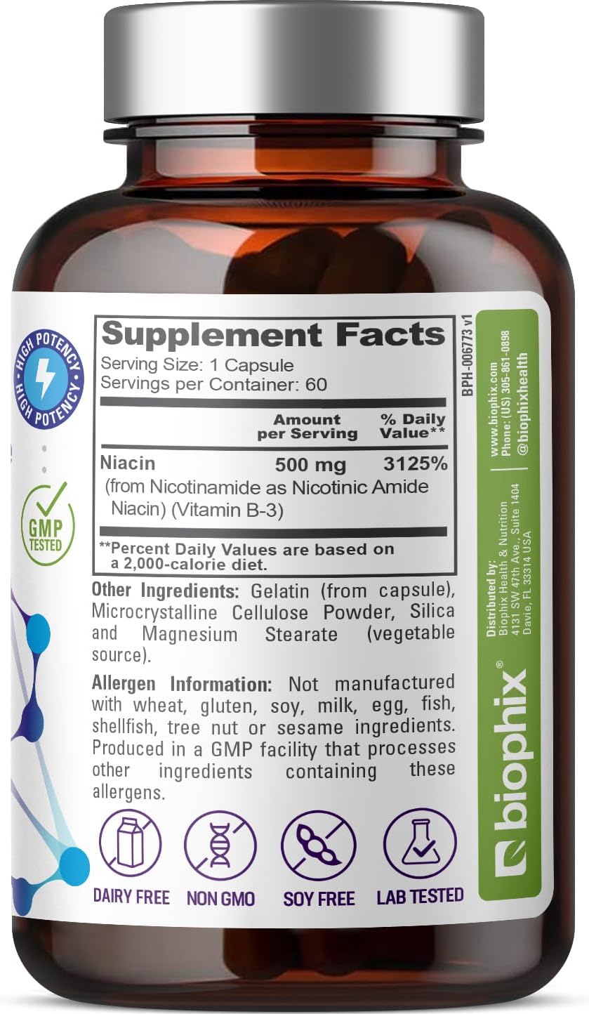 biophix B-3 Nicotinamida 500 mg 60 Cápsulas - Nicotinamida Pura Sin Enrojecimiento - Apoyo a la Salud de la Piel y Energía