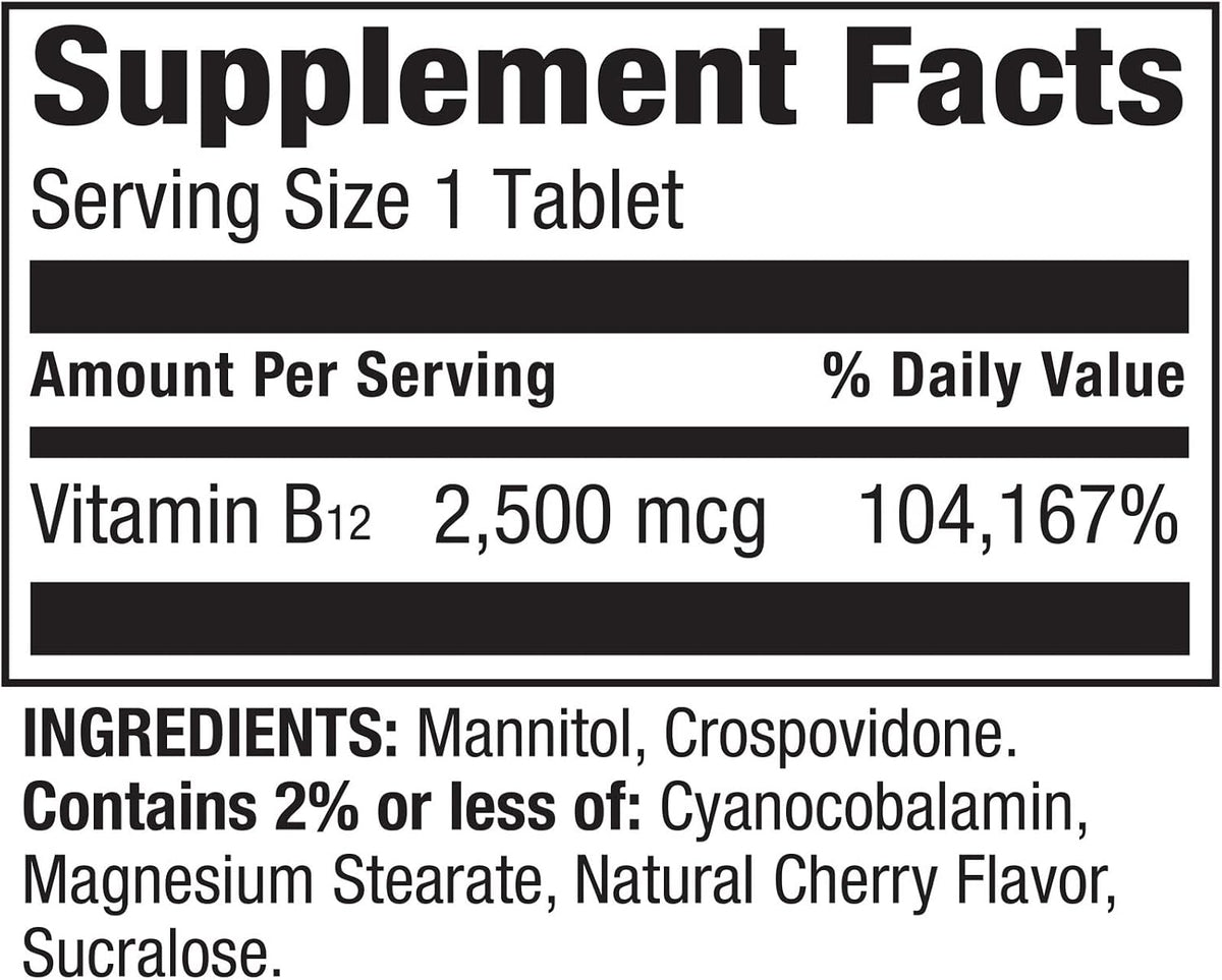 Spring Valley Vitamin B12 2500 mcg – Formación de glóbulos rojos: Participa en la formación normal de glóbulos – Image 3