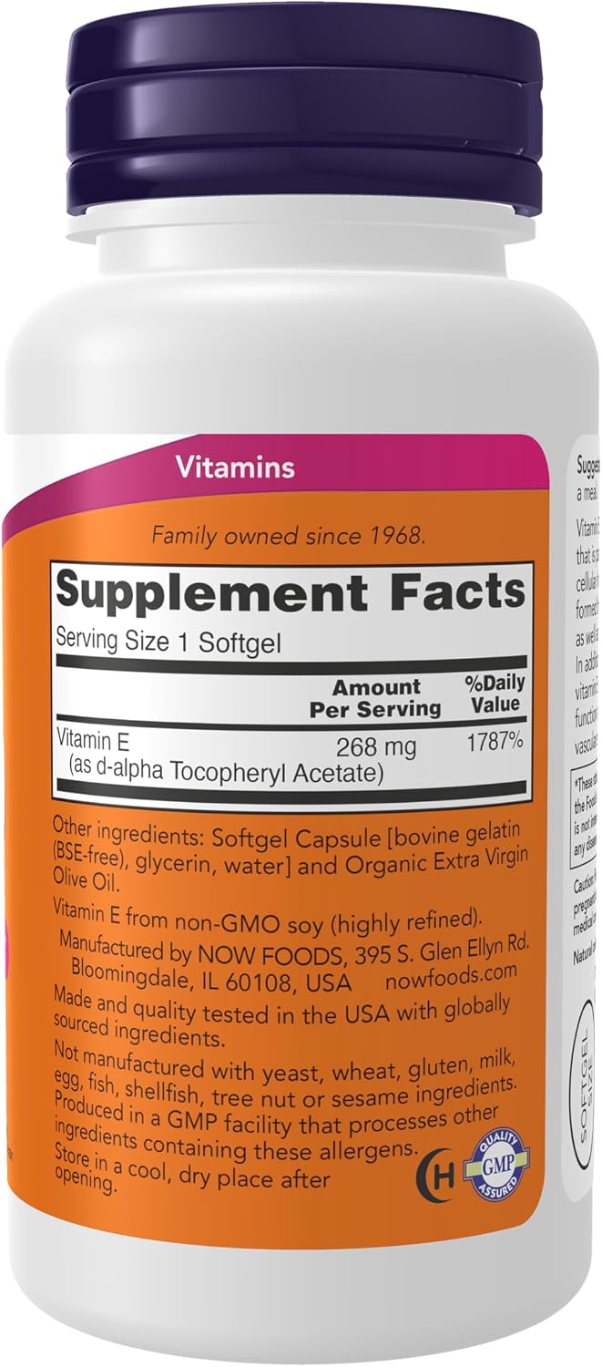 NOW® Vitamina E 400 UI, d-Alfa Tocoferol, 100 Cápsulas Blandas