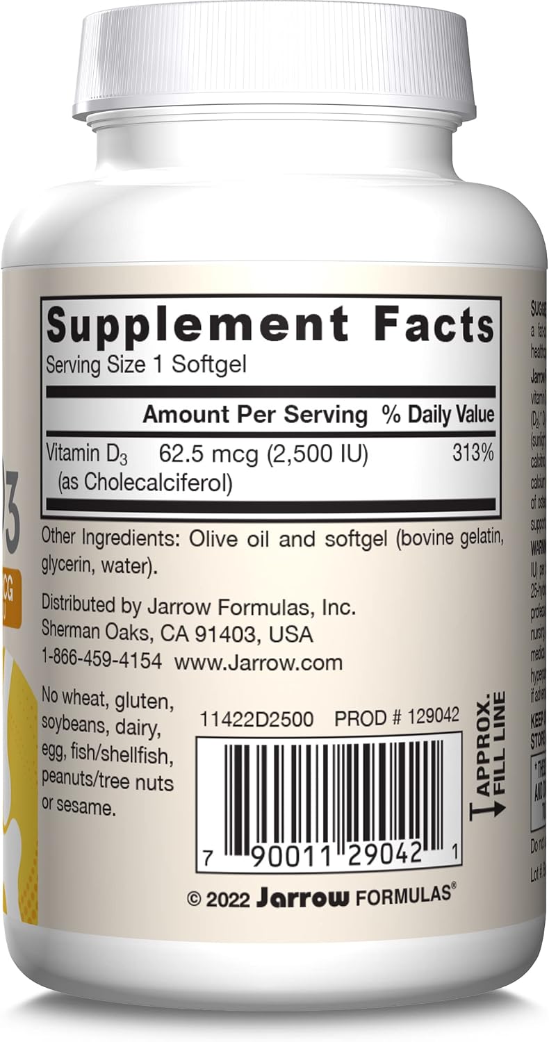Jarrow Formulas Vitamina D3 62.5 mcg (2,500 UI) - 100 Cápsulas Blandas - Salud Ósea y Apoyo Inmunológico - Sin Gluten