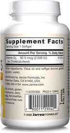 Jarrow Formulas Vitamina D3 62.5 mcg (2,500 UI) - 100 Cápsulas Blandas - Salud Ósea y Apoyo Inmunológico - Sin Gluten