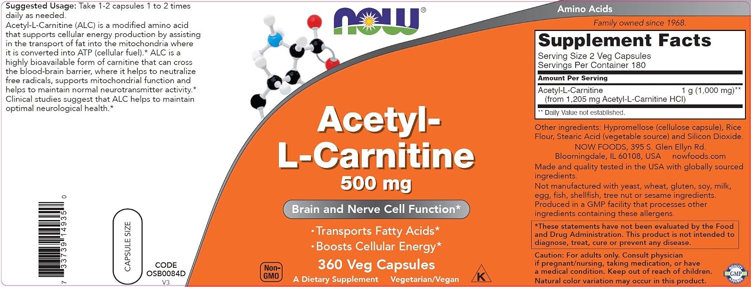 NOW Foods Acetil L-Carnitina 500 mg, 360 Cápsulas Vegetales - No OGM