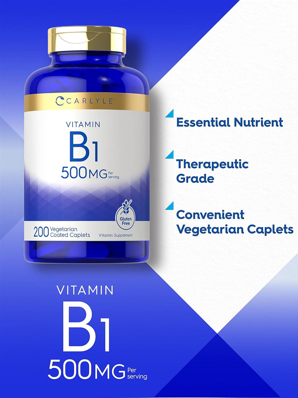 Carlyle Tiamina (Vitamina B1) 500 mg | 200 Comprimidos Vegetarianos | Sin Gluten y No Transgénico