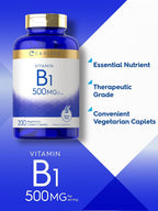 Carlyle Tiamina (Vitamina B1) 500 mg | 200 Comprimidos Vegetarianos | Sin Gluten y No Transgénico