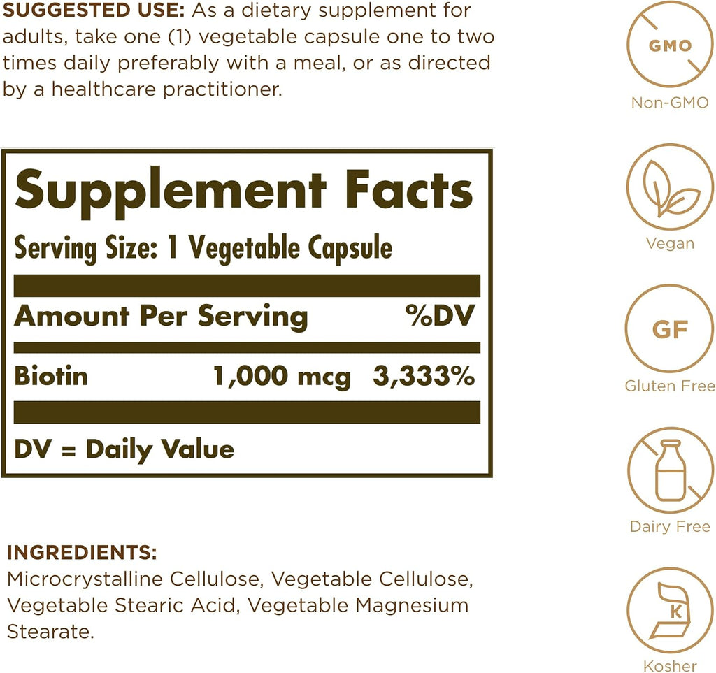 Biotina 1000 mcg - Solgar - 100 Cápsulas Vegetales