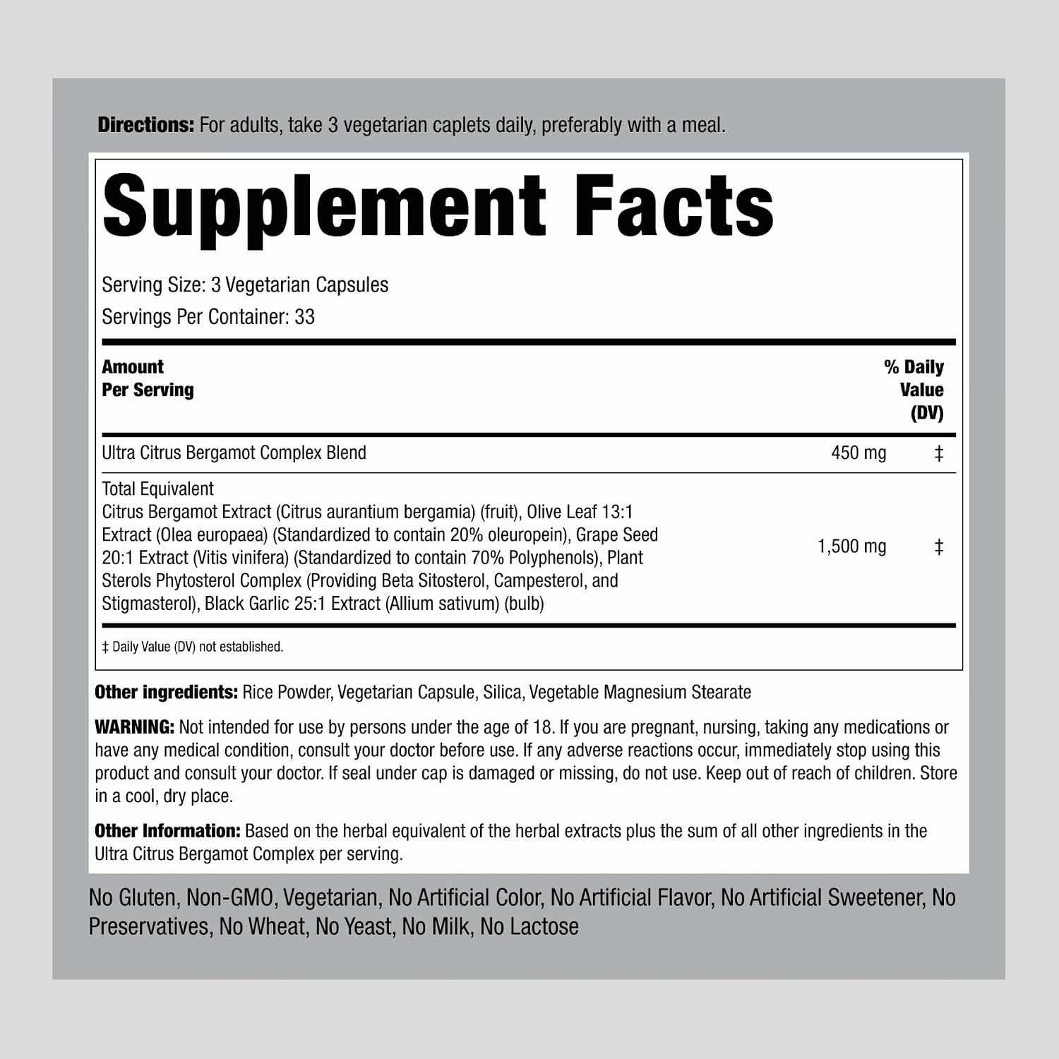 Suplemento de Bergamota Cítrica de Piping Rock | 100 Cápsulas Extracto | Complejo Vegetariano | No OGM, Sin Gluten