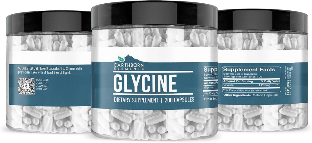Earthborn Elements Glicina 200 Cápsulas, Pura y sin Diluir, Sin Aditivos