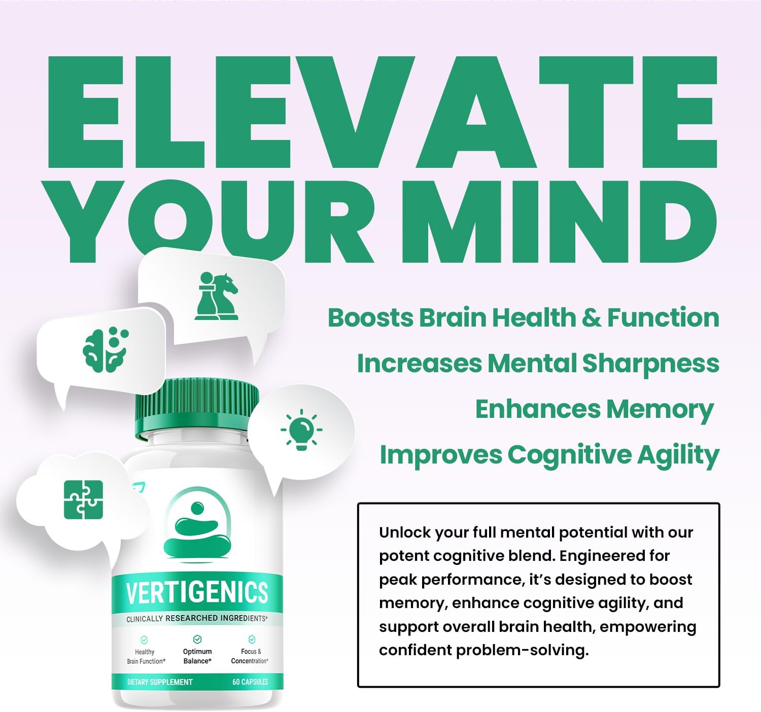 Vertigenics Suplemento Cerebral – Fórmula Natural Máxima Fuerza para Memoria y Concentración (5 Envases – 300 Cápsulas)