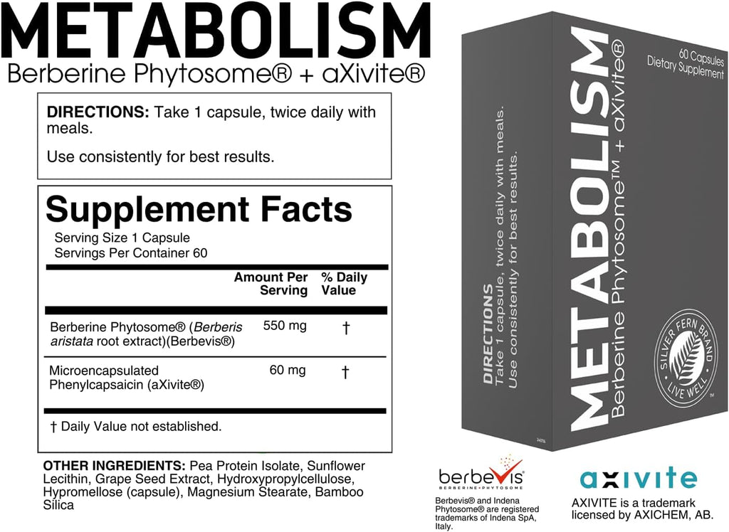 Silver Fern Brand Metabolism Supplement + Berberine Phytosome & aXivite – 60 Cápsulas
