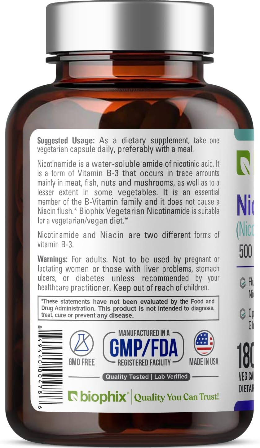biophix B-3 Nicotinamida 500 mg 180 cápsulas - Fórmula de vitamina B3 sin enrojecimiento