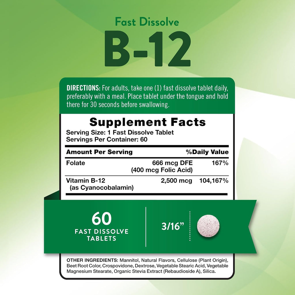 Nature's Truth Vitamina B12 2500 mcg con Ácido Fólico - 60 Comprimidos de Disolución Rápida