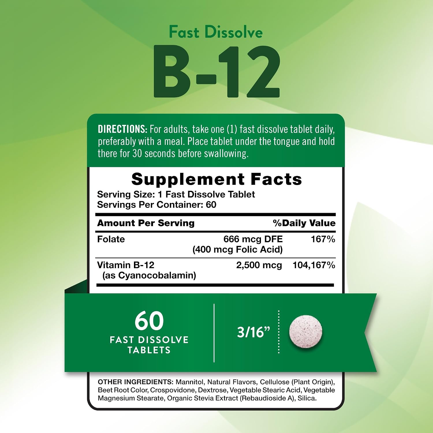 Nature's Truth Vitamina B12 2500 mcg con Ácido Fólico - 60 Comprimidos de Disolución Rápida