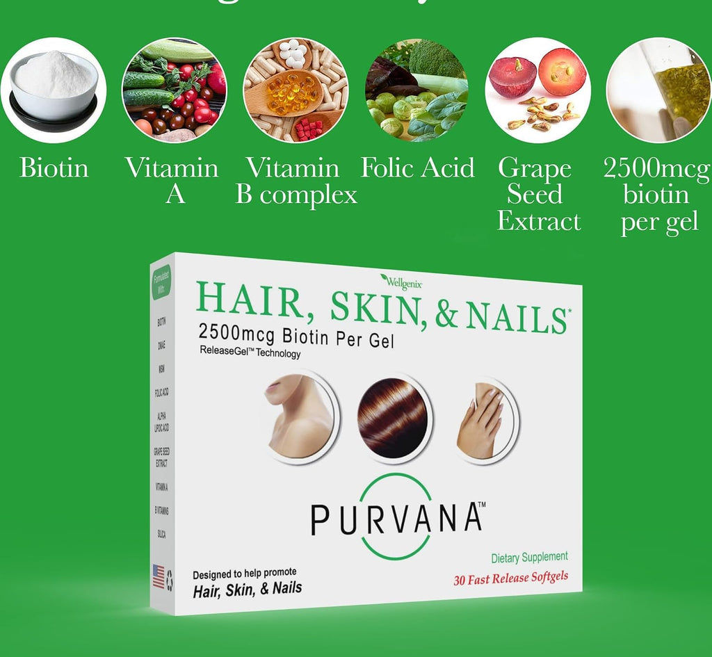 Wellgenix Purvana Hair, Skin & Nails Supplement - 2500mcg Biotin with MSM and B Complex - 30 Softgels