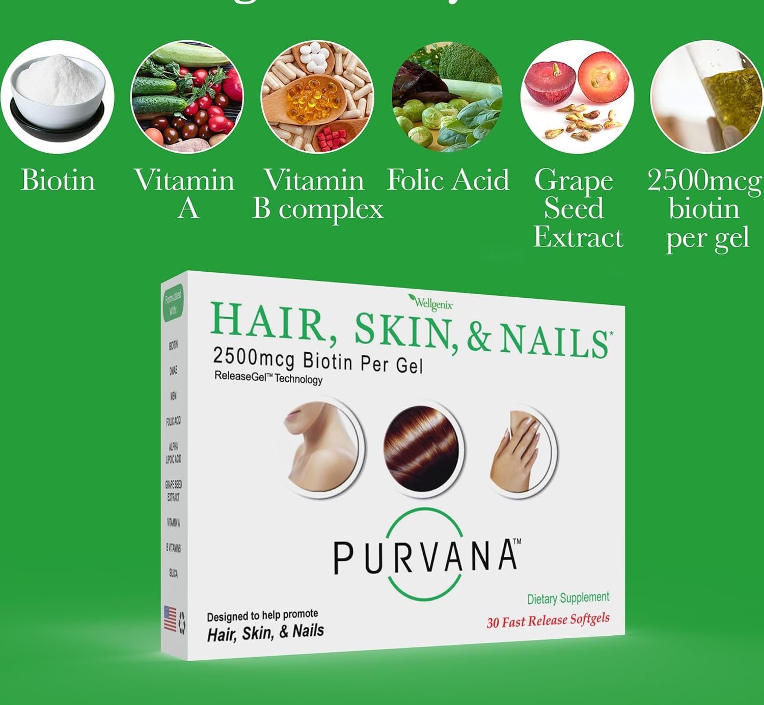 Wellgenix Purvana Hair, Skin & Nails Supplement - 2500mcg Biotin with MSM and B Complex - 30 Softgels