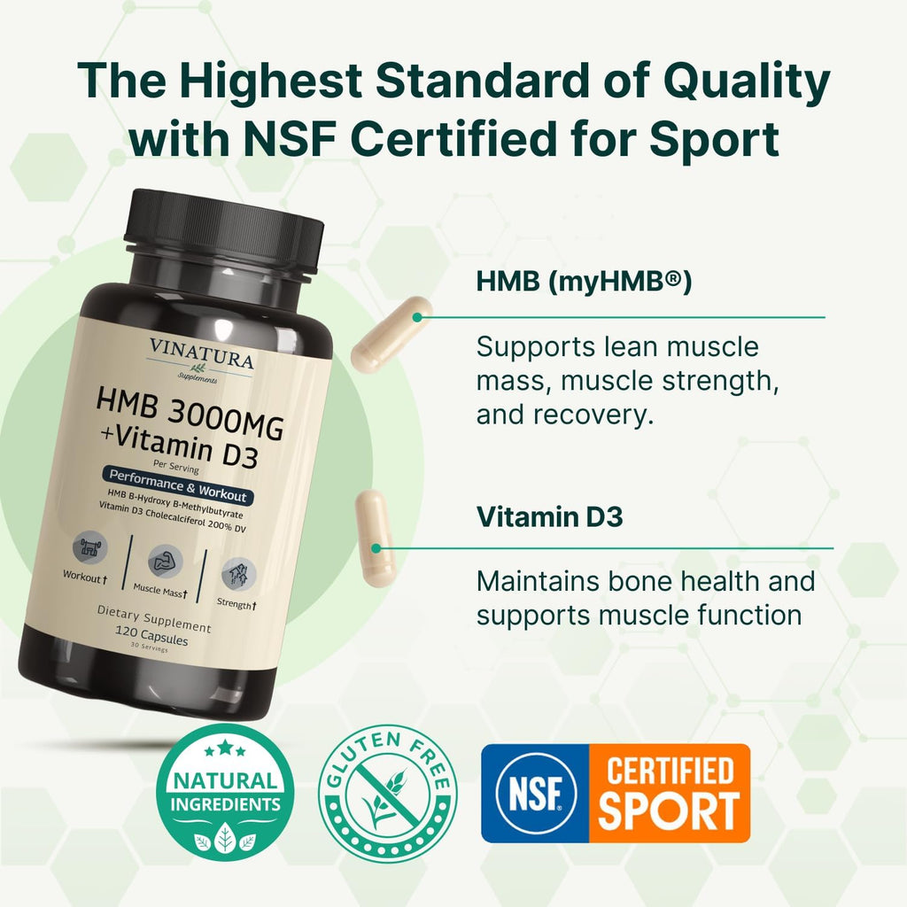 VINATURA HMB 3000mg y Vitamina D3 Suplemento Defensa Muscular - 120 Cápsulas
