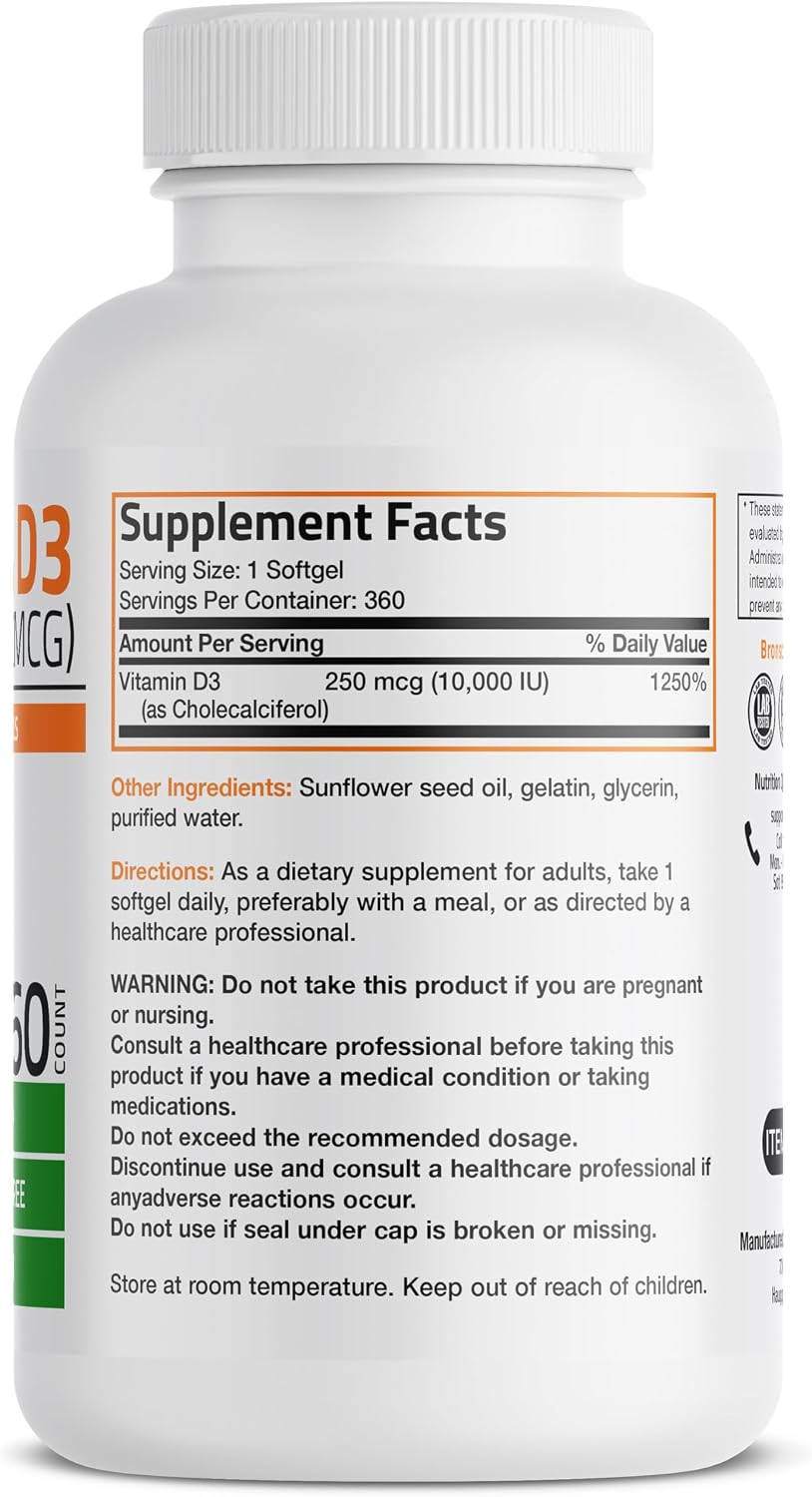 Bronson Vitamina D3 10.000 UI (250 mcg) Alta Potencia - 360 Cápsulas Blandas