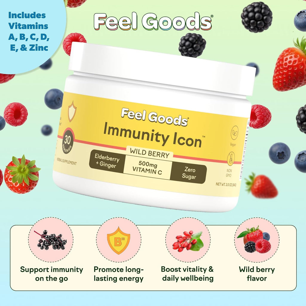Feel Goods Immunity Icon, Mezcla de polvo para bebida con vitamina C, 500 mg, sin azúcar, 30 sobres