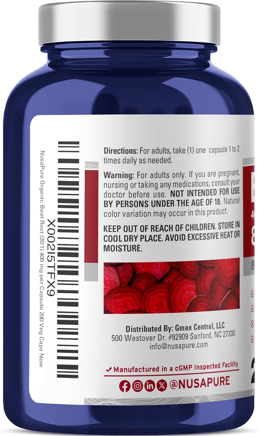 NusaPure Raíz de Remolacha Orgánica, 400 mg, 200 Cápsulas Vegetales (Vegano, Sin OGM)