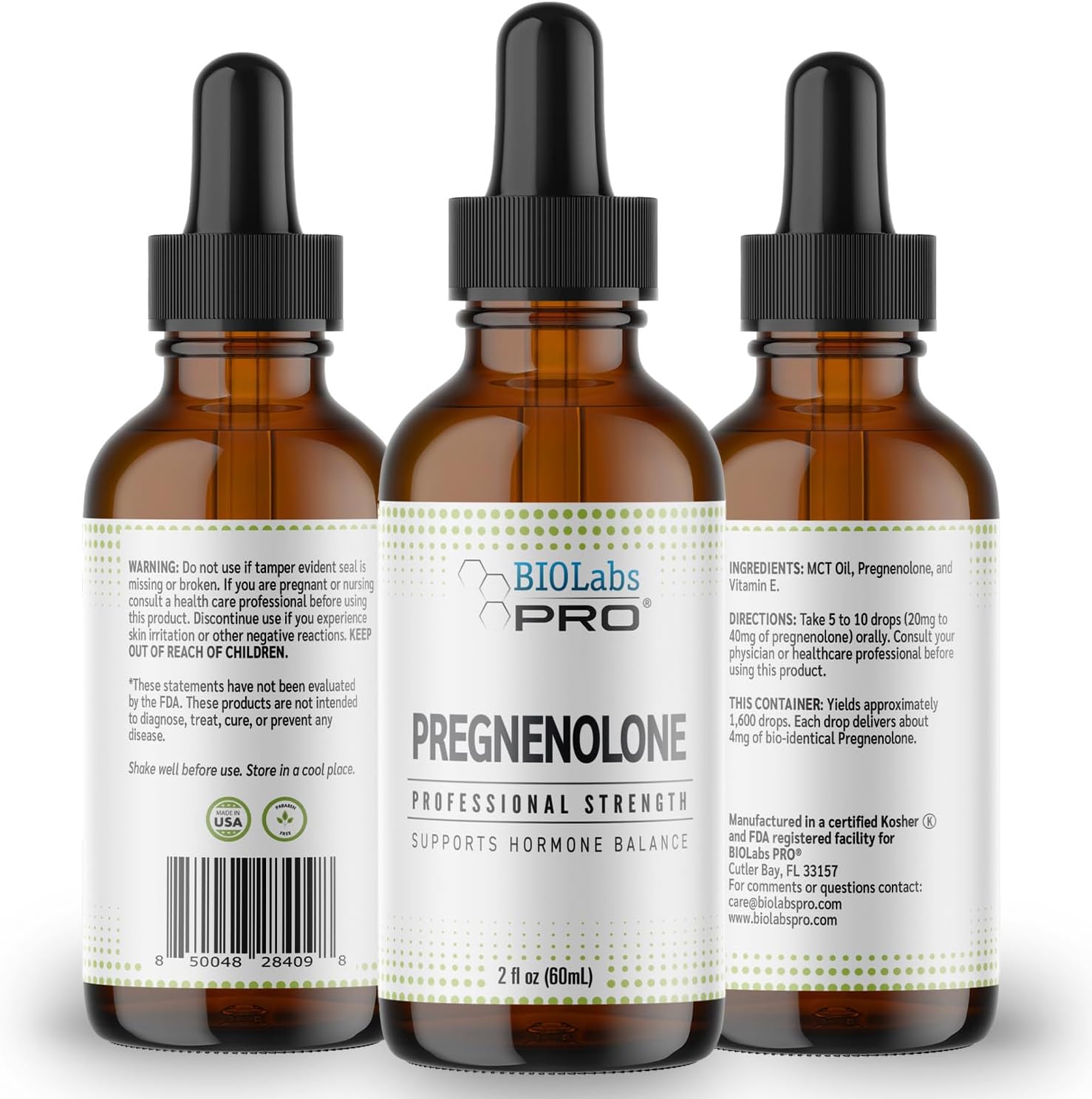 BIOLABS PRO Pregnenolona, Aceite Natural Bioidéntico de Pregnenolona, Ayuda a Mantener el Equilibrio Hormonal, 60ml - Suministro para 6 Meses