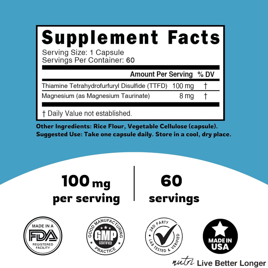 Nature's Fusions TTFD Tiamina B1 100mg con Magnesio - 60 Cápsulas