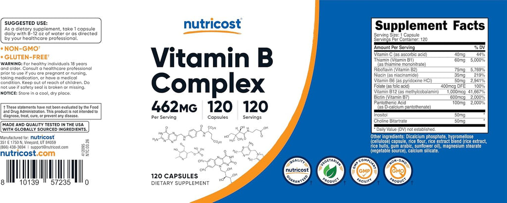 Nutricost High Potency B Complex with Vitamin C, 462mg, 120 Capsules