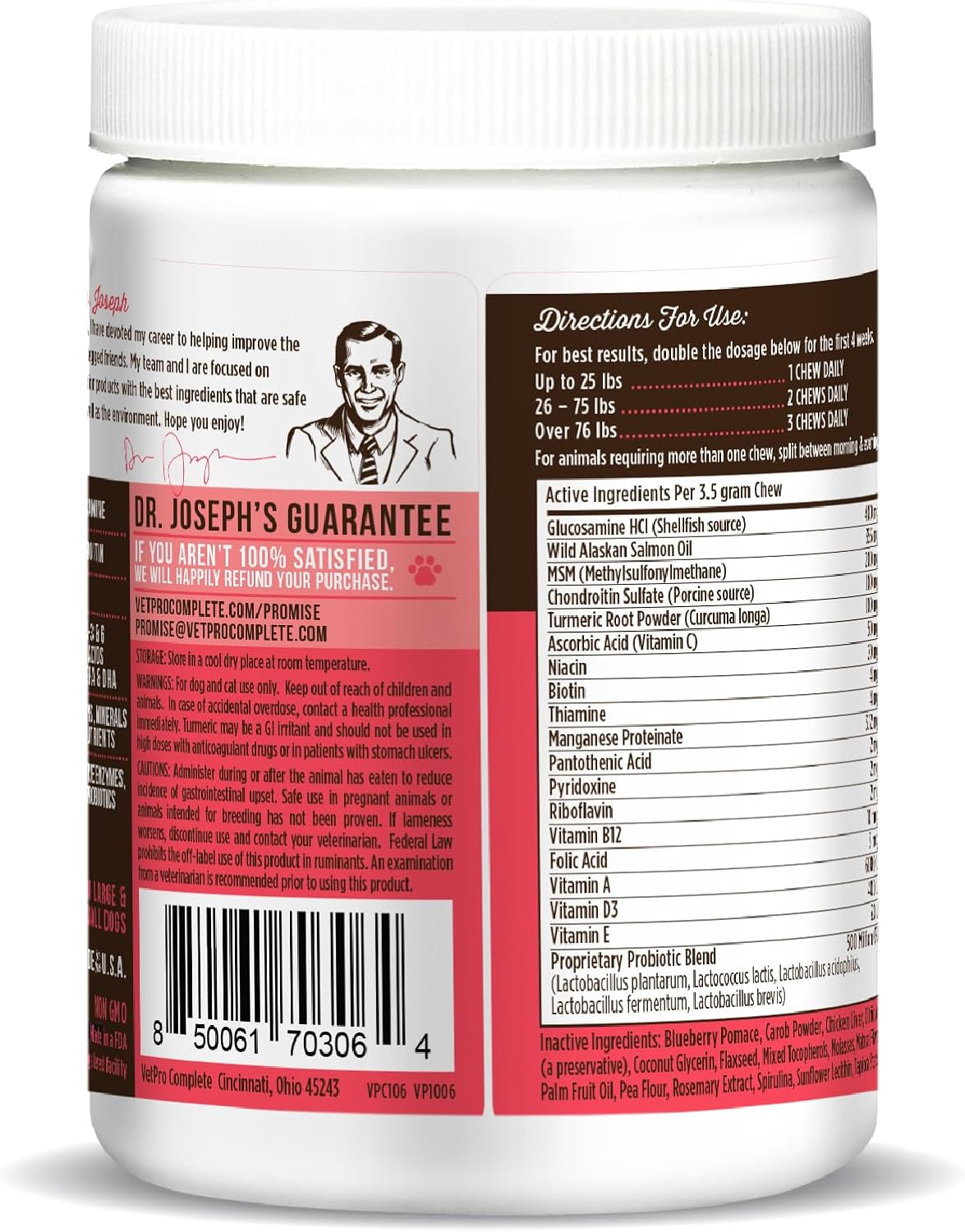 Dr. Joseph's VetPro Complete Multivitamínico para Perros Grandes, 120 Comprimidos (Suministro para 60 Días)